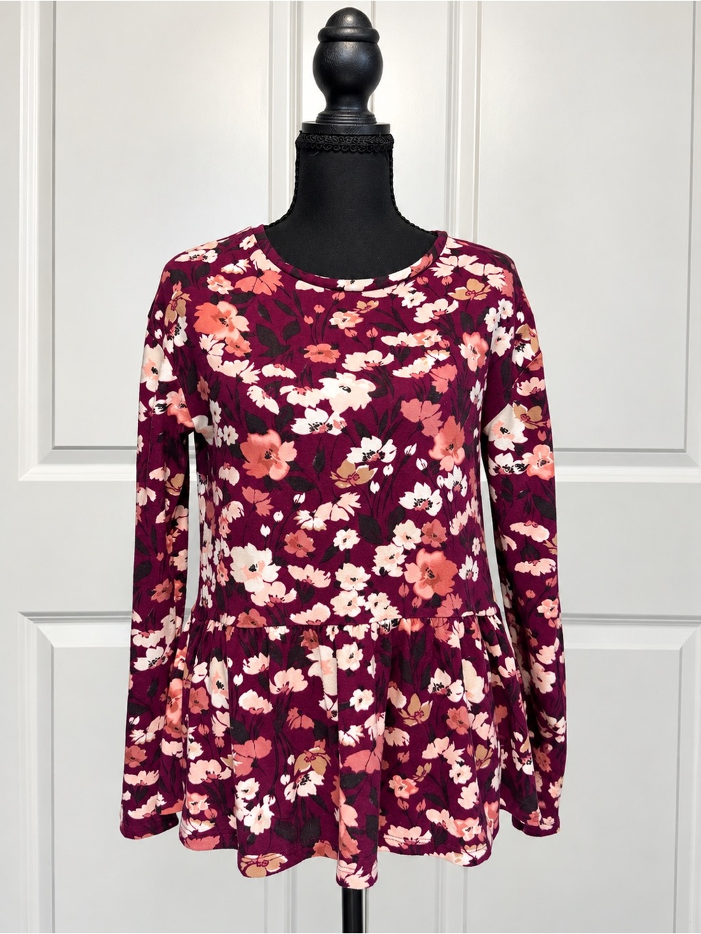 LOFT Burgundy Floral Long-Sleeve Peplum Top